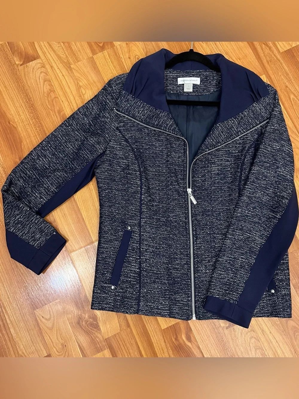 Christopher & Banks Navy Tweed Zip Blazer with Solid Panels
